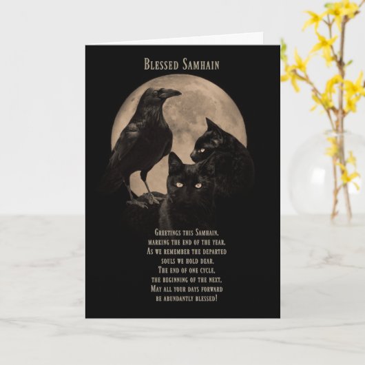 Samhain Blessings Raven en Black Cat Kaart (Gele Bloem)