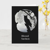 Samhain kaart met uil en Maan Sabbat (Gele Bloem)