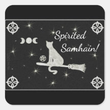 Samhain Magick Cat op Broom Black en White