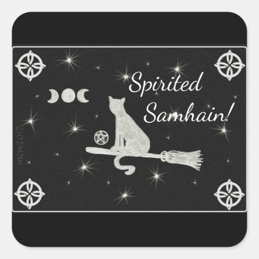 Samhain Magick Cat op Broom Black en White Vierkante Sticker (Voorkant)
