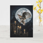 Samhain met  Uil Open Vleugels Volle Maan Kaart (Gele Bloem)