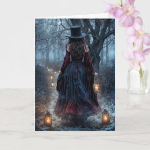 Samhain mooie vrouw in een hoge hoed vintage kaart