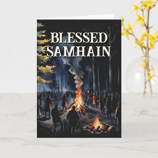 Samhain Night Fall Forest Pagan Bonfire Halloween Kaart (Gele Bloem)