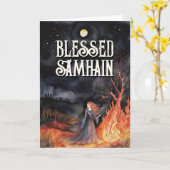 Samhain Night Herfst Forest Pagan Bonfire Hallowee Kaart (Gele Bloem)