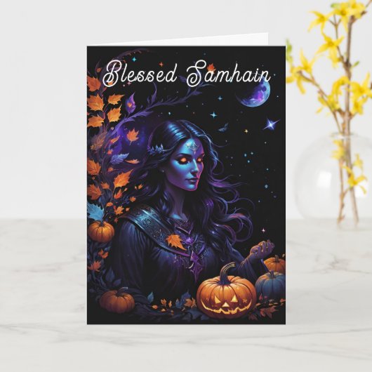 Samhain Pagan Witch zegende Halloween Herfst Night Kaart (Gele Bloem)