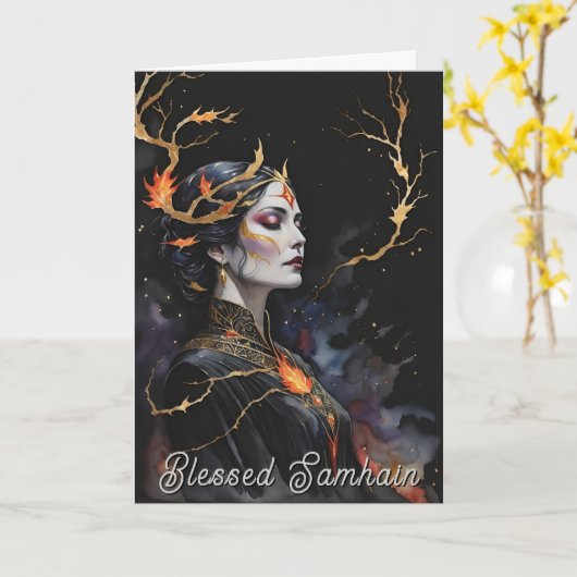 Samhain Pagan Witch zegende Halloween Herfst Night Kaart (Gele Bloem)