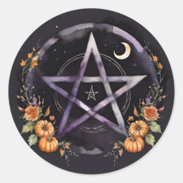 Samhain Pentacle & Fall Pumpkins Witch Ronde Sticker