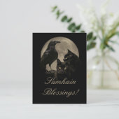 Samhain Raven en Black Cat Pagan Briefkaart (Staand voorkant)