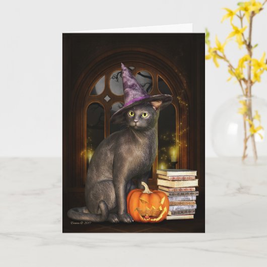 Samhain Witch Kitty Cat Wenskaart Kaart (Gele Bloem)