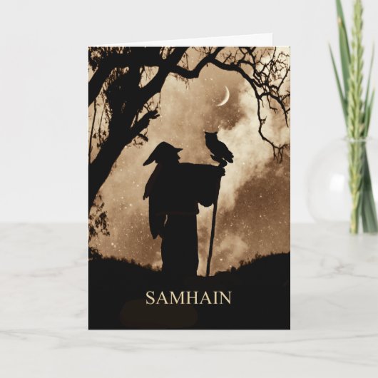 Samhain Zegen Mystieke Tovenaar en Uil Kaart (Voorkant)