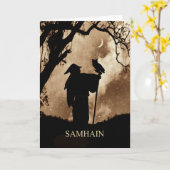 Samhain Zegen Mystieke Tovenaar en Uil Kaart (Gele Bloem)
