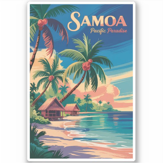 Samoa Strand Samoaanse Illustratie Reis Kunst Vint Sticker (Voorkant)