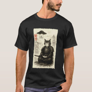 Samoerai Kat Alien UFO Grappige Invasie Meme Sumi- T-shirt