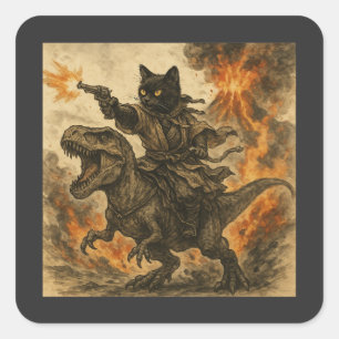 Samoerai Kat op een Dinosaurus tijdens Vulkanische Vierkante Sticker