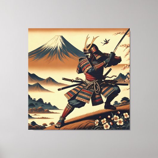 Samoerai krijger op de berg Fuji - Ukiyo-e Art Canvas Afdruk (Voorkant)