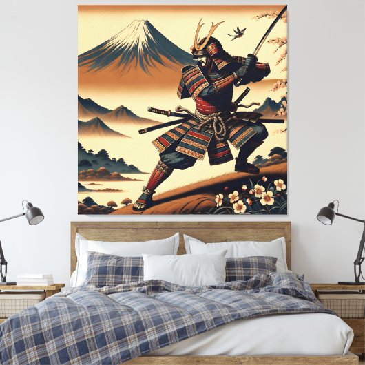 Samoerai krijger op de berg Fuji - Ukiyo-e Art Canvas Afdruk (Insitu (Slaapkamer))