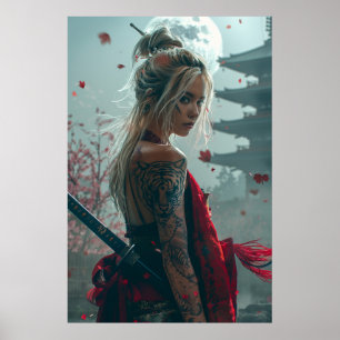 Samoerai vrouwelijke krijger met katana — Japanse  Poster