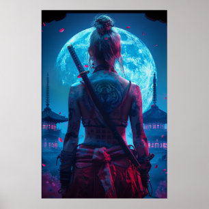 Samoerai vrouwelijke krijger met katana — Japanse  Poster
