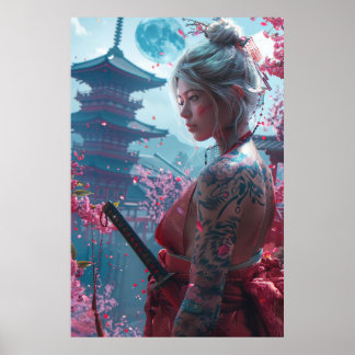 Samoerai vrouwelijke krijger met katana — Japanse  Poster
