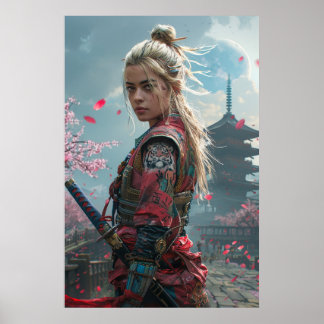 Samoerai vrouwelijke krijger met katana — Japanse  Poster