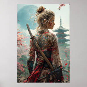 Samoerai vrouwelijke krijger met katana — Japanse  Poster