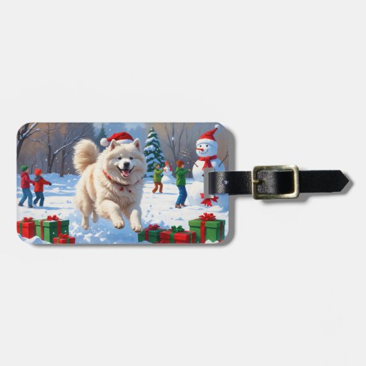 Samojed die in de sneeuw rent met kerstmuts bagagelabel (Voorkant horizontaal)