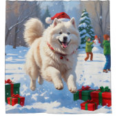 Samojed die in de sneeuw rent met kerstmuts douchegordijn (Voorkant)