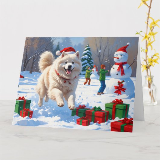 Samojed die in de sneeuw rent met kerstmuts kaart (Gele Bloem)