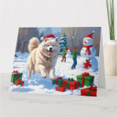 Samojed die in de sneeuw rent met kerstmuts kaart (Voorkant)