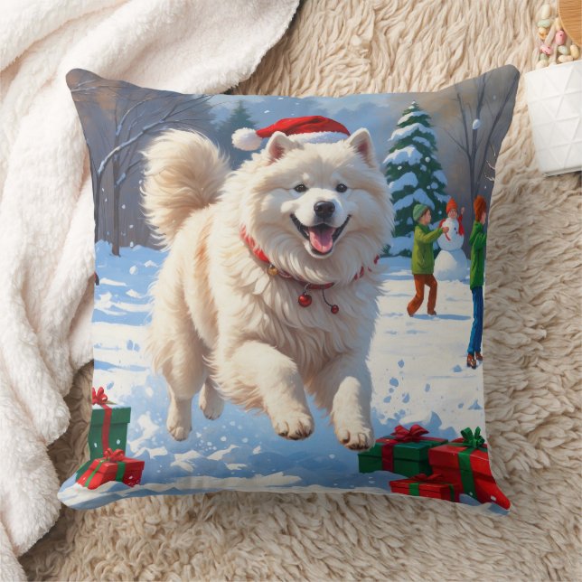 Samojed die in de sneeuw rent met kerstmuts kussen (Deken)