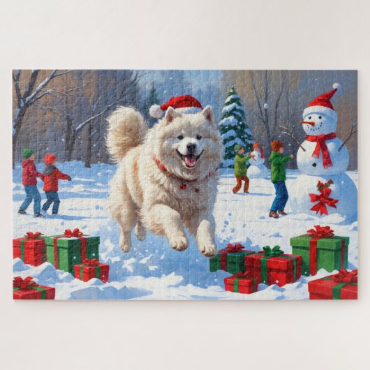 Samojed die in de sneeuw rent met kerstmuts legpuzzel (Horizontaal)