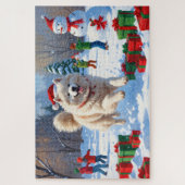 Samojed die in de sneeuw rent met kerstmuts legpuzzel (Verticaal)