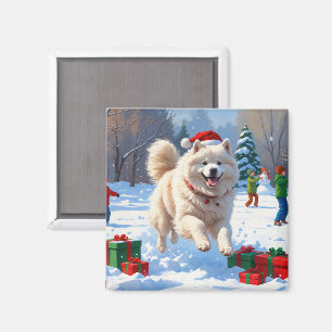 Samojed die in de sneeuw rent met kerstmuts magneet