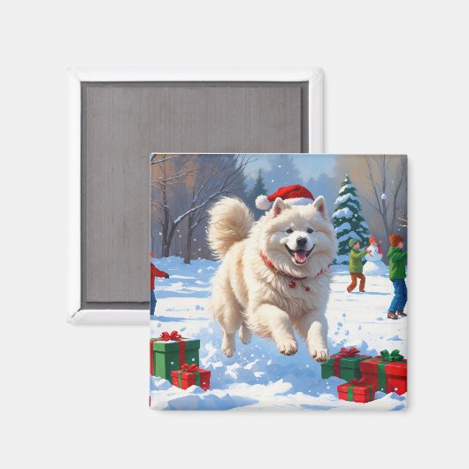 Samojed die in de sneeuw rent met kerstmuts magneet (Voorkant / Achterkant)