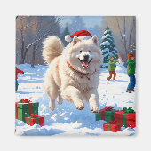 Samojed die in de sneeuw rent met kerstmuts magneet (Voorkant)