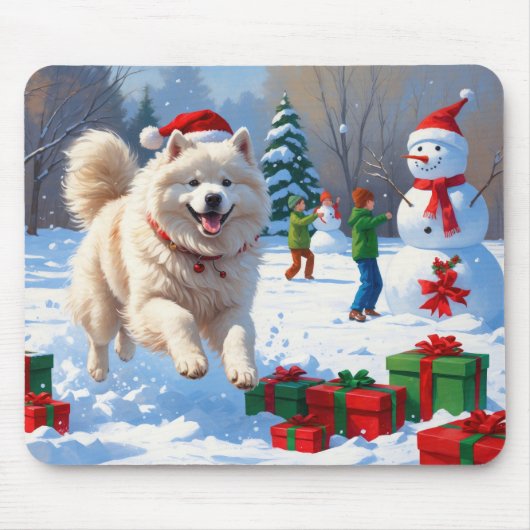Samojed die in de sneeuw rent met kerstmuts muismat (Voorkant)