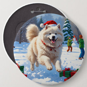 Samojed die in de sneeuw rent met kerstmuts ronde button 6,0 cm