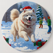 Samojed die in de sneeuw rent met kerstmuts ronde button 6,0 cm (Voorkant)