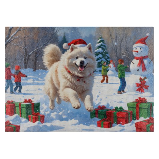 Samojed die in de sneeuw rent met kerstmuts snijplank (Voorkant)