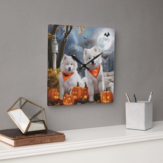 Samojed Halloween Spoken Vierkante Klok (Kantoor)