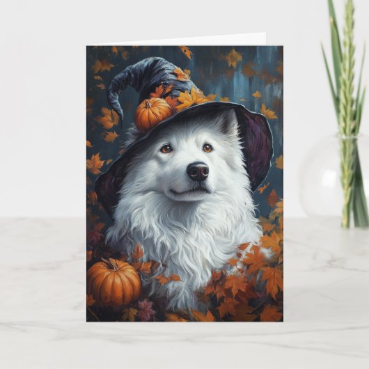 Samojed Heks Halloween Feestdagen Kaart (Voorkant)