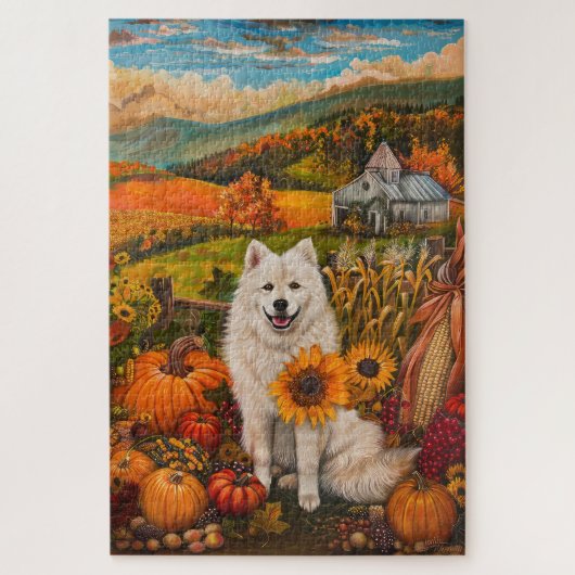 Samojed Honden Herfst Oogst Dankdag Legpuzzel (Verticaal)