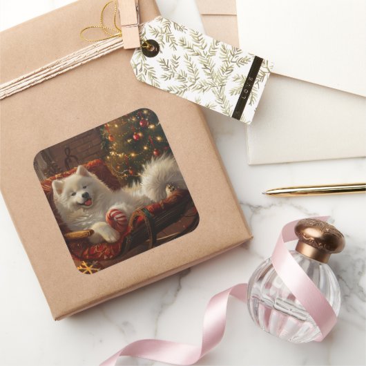 Samojed Honden Kerst Feestelijk Vierkante Sticker (Geschenken)