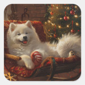 Samojed Honden Kerst Feestelijk Vierkante Sticker (Voorkant)