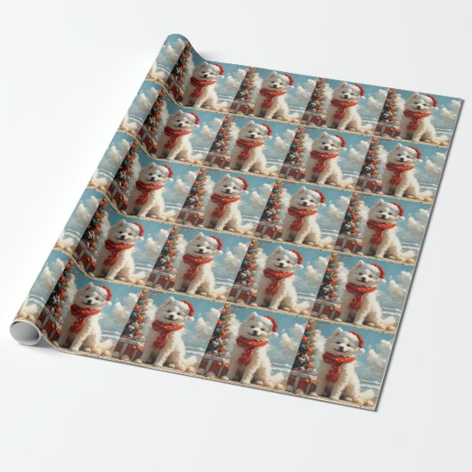 Samojed Honden Kerstmis Vintage Strand Cadeaupapier (Uitgerold)
