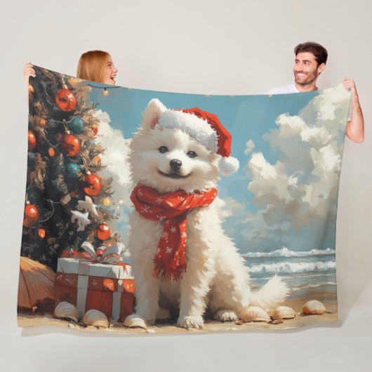 Samojed Honden Kerstmis Vintage Strand Fleece Deken (In situ)