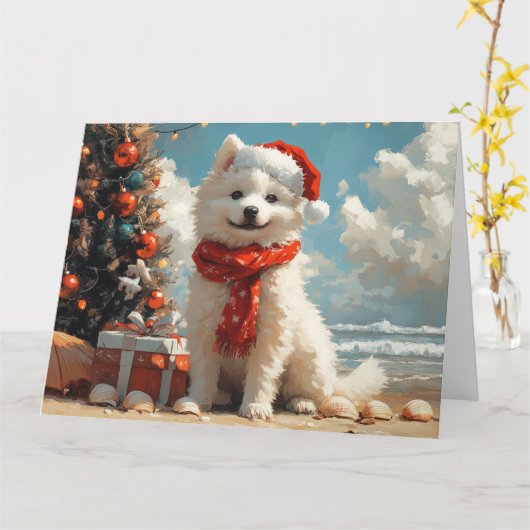 Samojed Honden Kerstmis Vintage Strand Kaart (Gele Bloem)