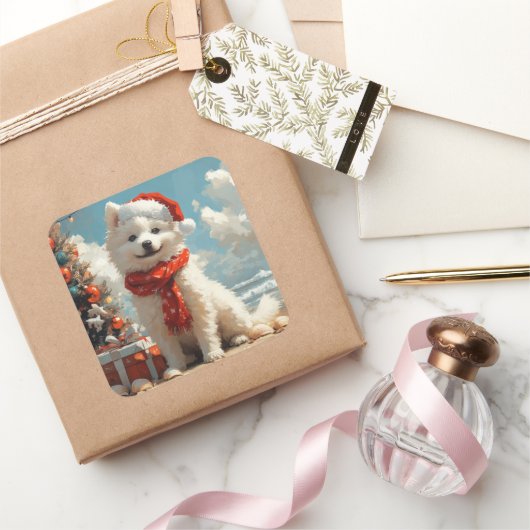 Samojed Honden Kerstmis Vintage Strand Vierkante Sticker (Geschenken)