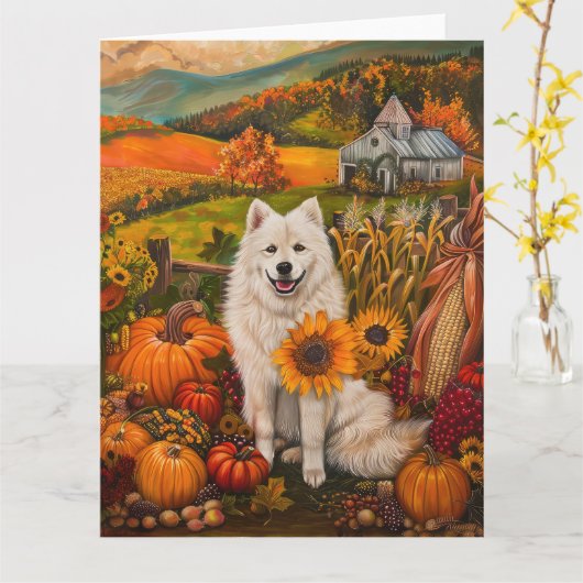 Samojed Hondenherfst Oogst Dankdag Kaart (Gele Bloem)