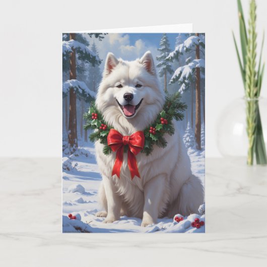 Samojed in de sneeuw met kerstkrans Winterkunst Kaart (Voorkant)